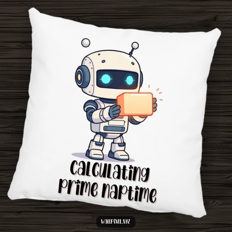 Funny pillow featuring a cute, pixelated robot happily offering a radiant glowing cube, providing soft comfort and geeky appeal.