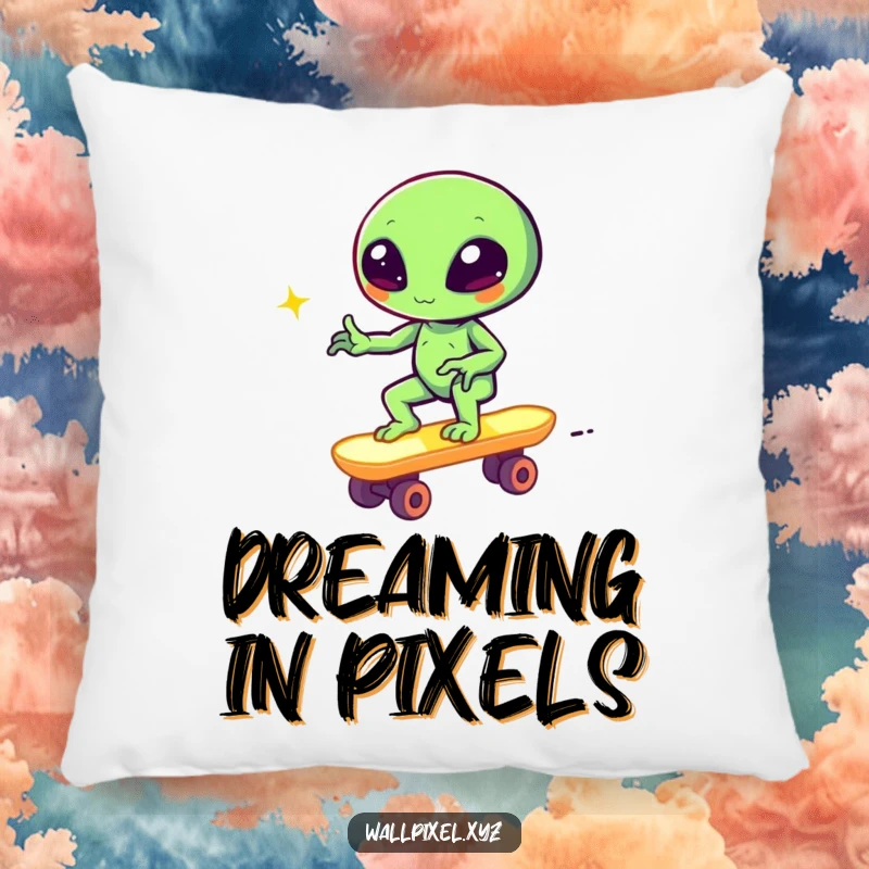 Funny pixel alien winking on a block skateboard, cute retro gaming pillow, humorous and soft accent.