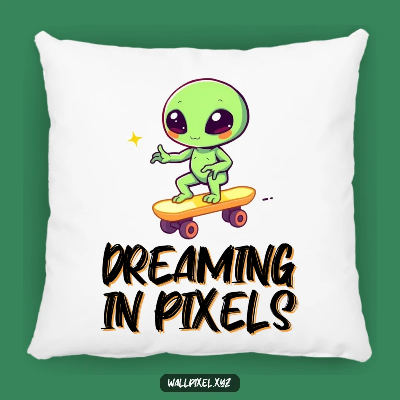 Funny Pixel Alien Skateboard Pillow Cozy Retro Gaming Comfort Gift