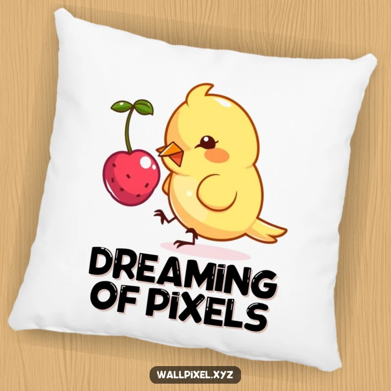 Funny pillow with a pixel art design of a small, angular bird character playfully pecking at a floating pixelated berry.