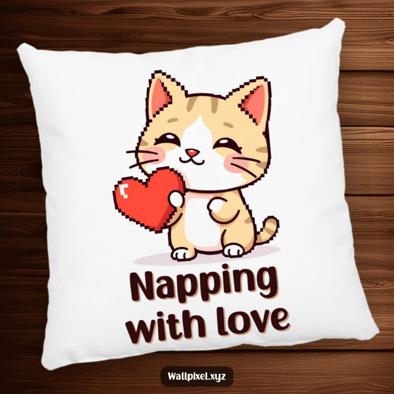 Funny pillow showcasing a pixelated cat playfully booping a shiny red pixel heart, offering comfort and retro delight.