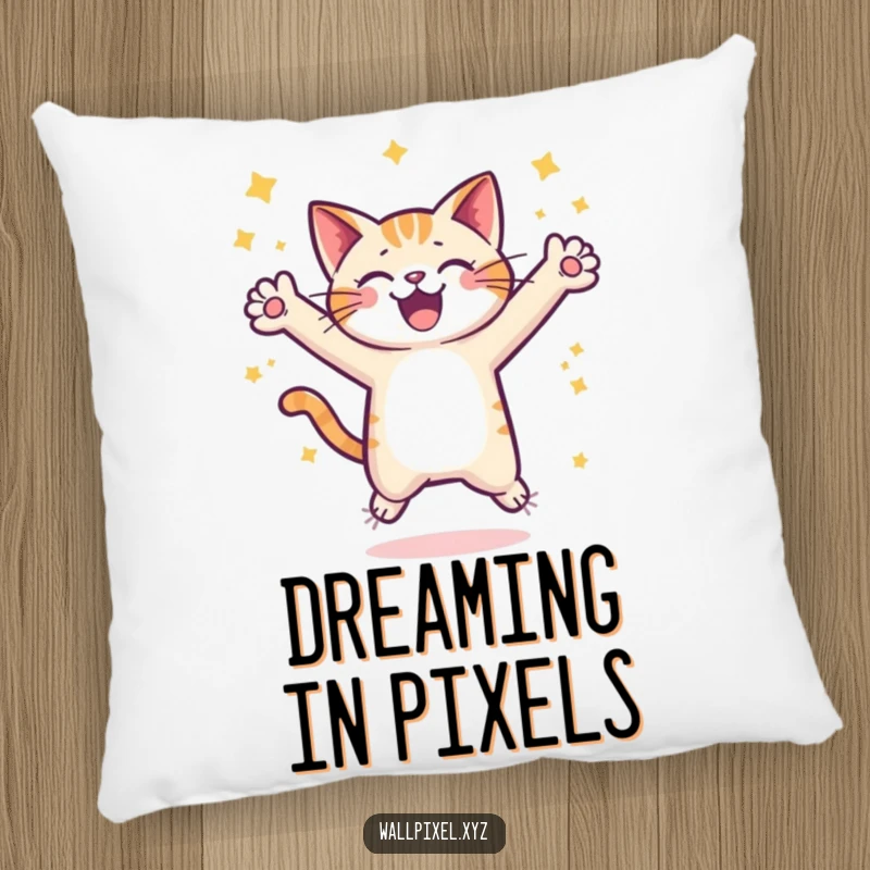 Funny pixel cat pillow, a pixelated cat character joyfully leaping among stars, offering cozy comfort with retro gaming flair.