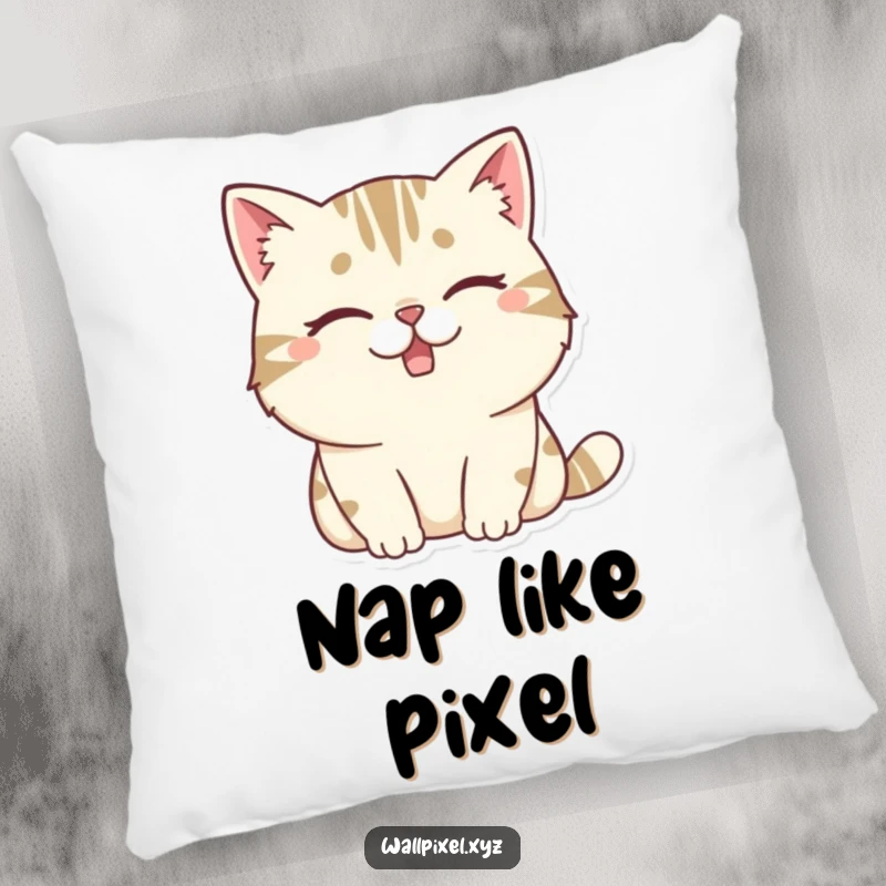 Funny pillow featuring a chunky pixelated cat winking with a missing tooth, offering comfort and a touch of retro, whimsical decor.