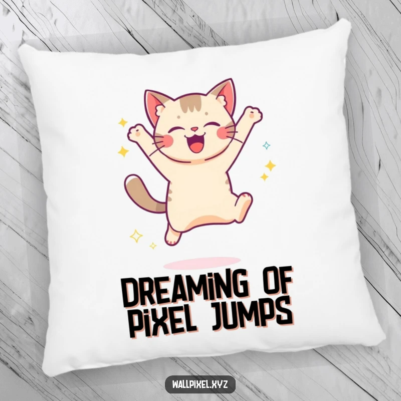 Funny pillow featuring a pixelated cat jumping joyfully, trailing digital sparkles, ideal for adding retro gaming flair and comfort.