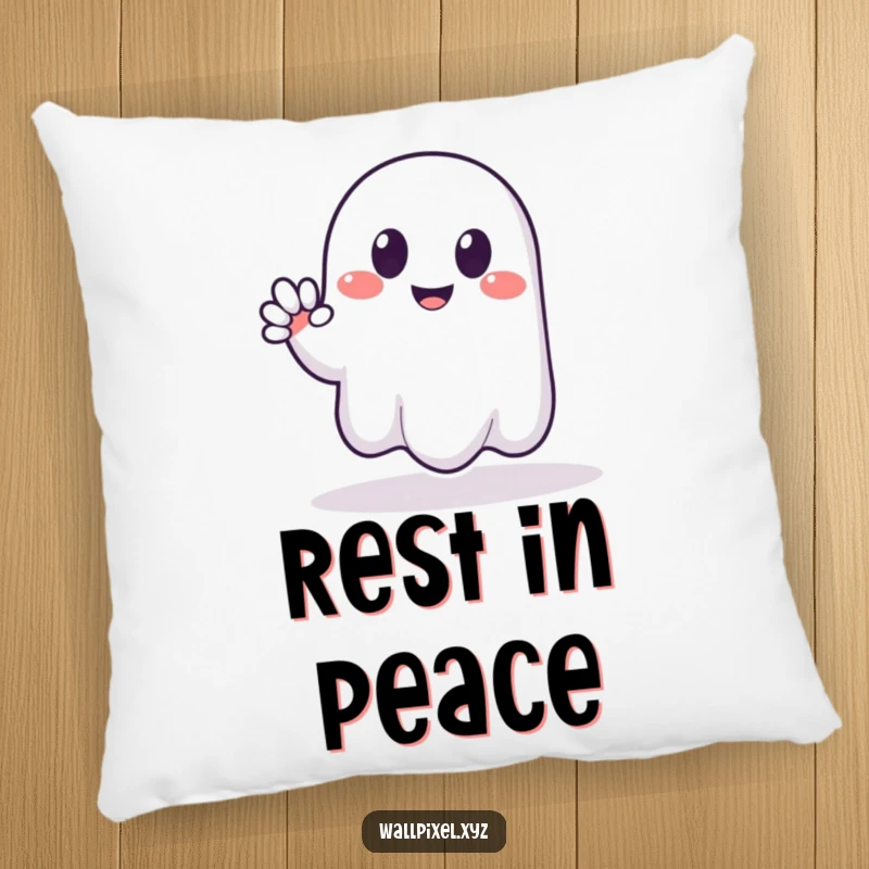 Funny pillow featuring a smiling pixelated ghost with blocky arms giving a friendly wave, perfect for cozy, humorous relaxation.