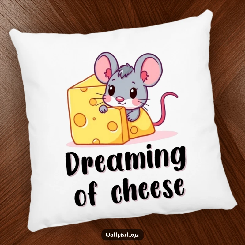 Funny pixelated mouse character peeking from behind a giant digital cheese block on a soft pillow.