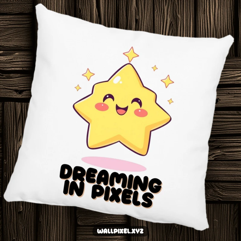 Funny pixel star pillow with a smiling, retro character twinkling rhythmically, offering cozy comfort and pixelated charm.