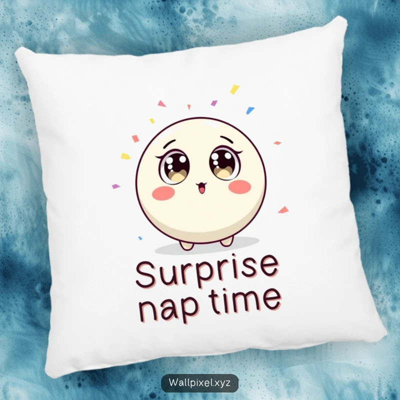 Funny round pixel character with surprised big eyes reacting to falling confetti on a soft pillow.
