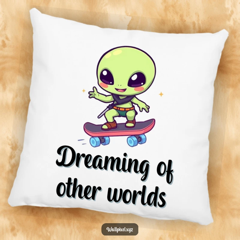 Funny pillow: A pixelated alien winks on a glowing block skateboard, a soft and humorous decor item.