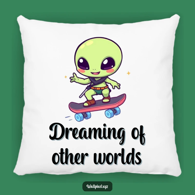 Funny Pixelated Alien Skater Pillow - Comfy Sci-Fi Fun for Your Space Gift!