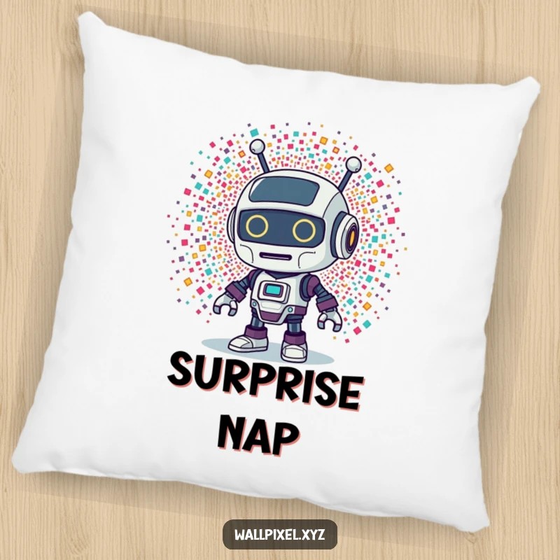 Funny Retro Robot Pillow: A plush pillow depicting a retro robot character surprised by an explosion of colorful pixels.