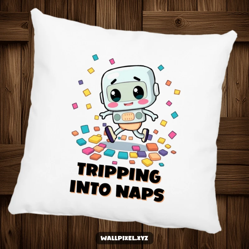 Funny pillow featuring a retro character stumbling comically, scattering colorful squares, a humorous and soft design.