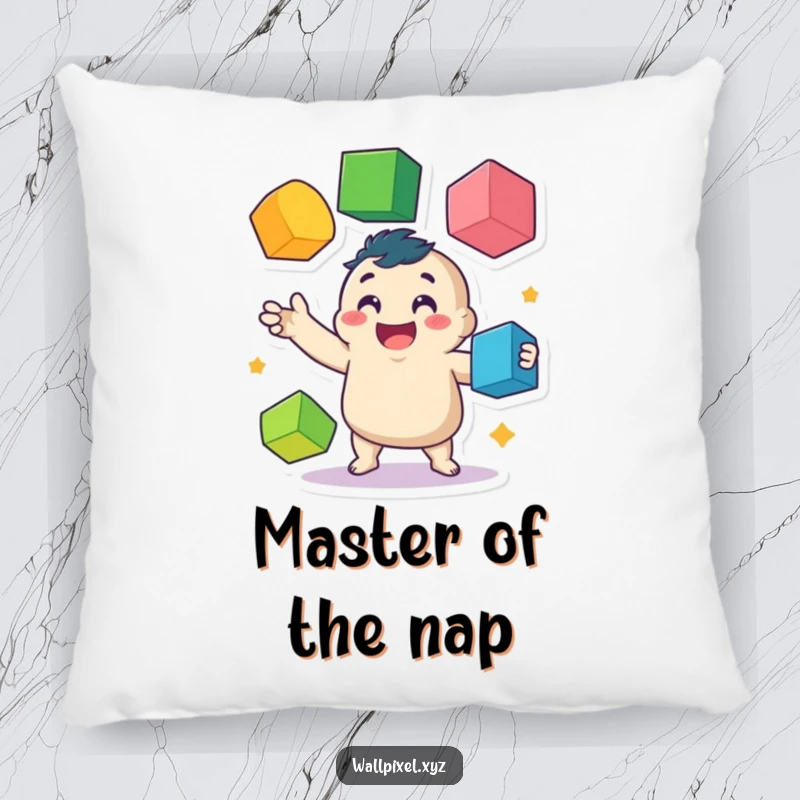Funny pillow showcasing a cute, wobbly pixel character juggling colorful cubes, providing soft comfort and a cheerful decorative touch.