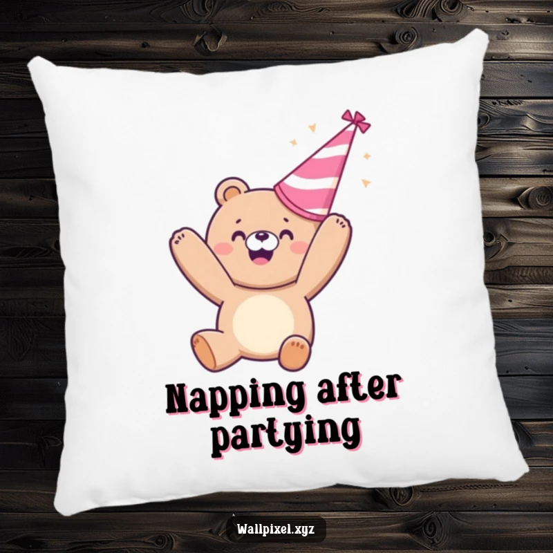 Funny pillow: A gleeful pixelated bear tosses a party hat, bringing soft, humorous celebration to any room.