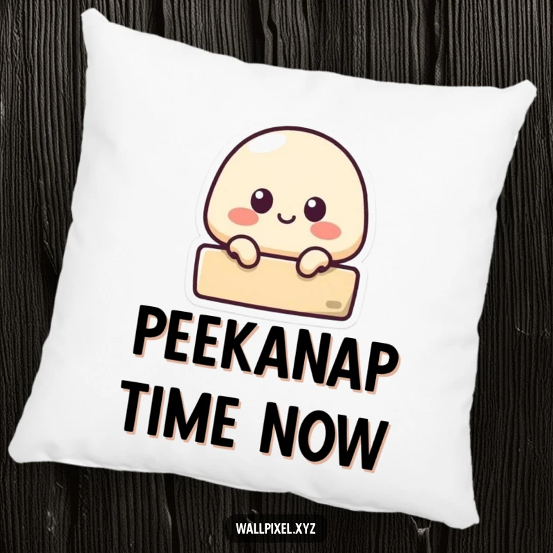 Funny pillow with a small pixelated blob character curiously peeking from behind a block, offering cozy humor.