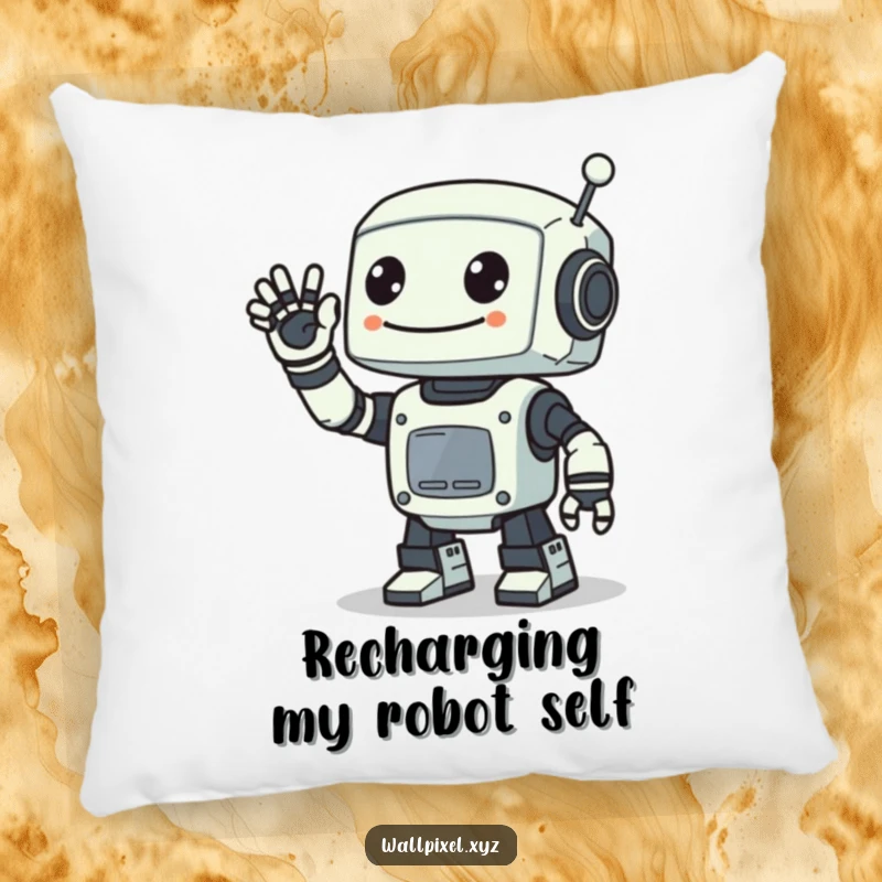 Funny pillow featuring a smiling pixelated robot waving with a digital arm, ideal for adding retro sci-fi flair and comfort.