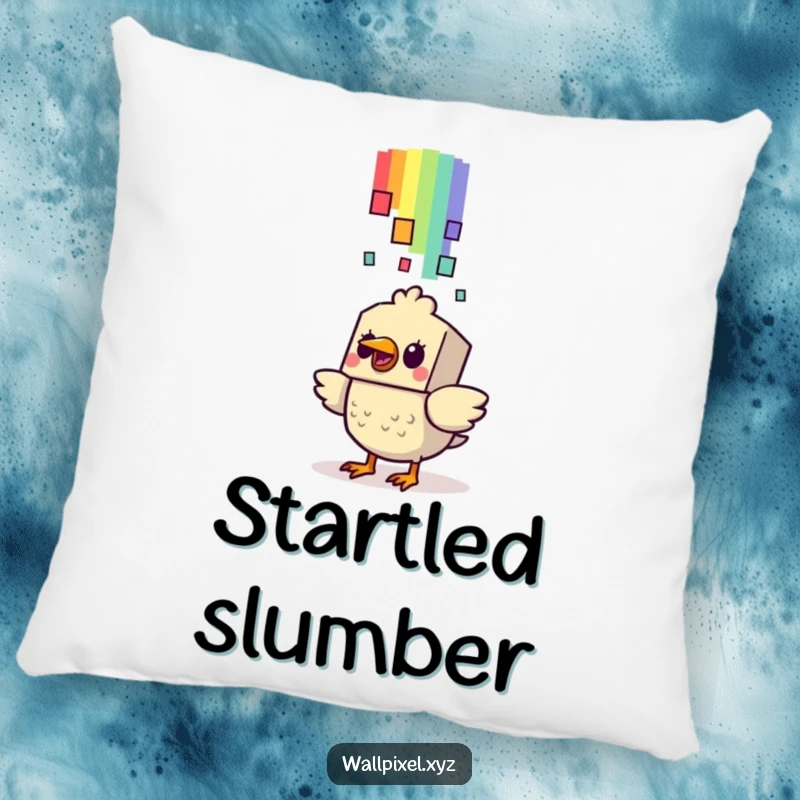 Funny Bird Pillow: A blocky bird looks startled by a falling pixelated rainbow, adding soft, humorous, retro charm to any seating.