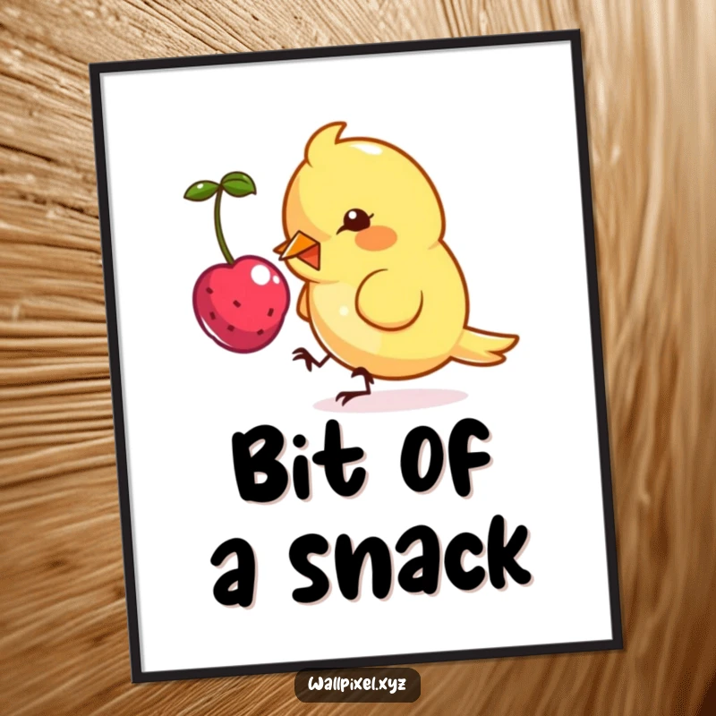 Funny digital art print of a small, angular bird character in pixel art, playfully pecking at a floating pixelated berry.