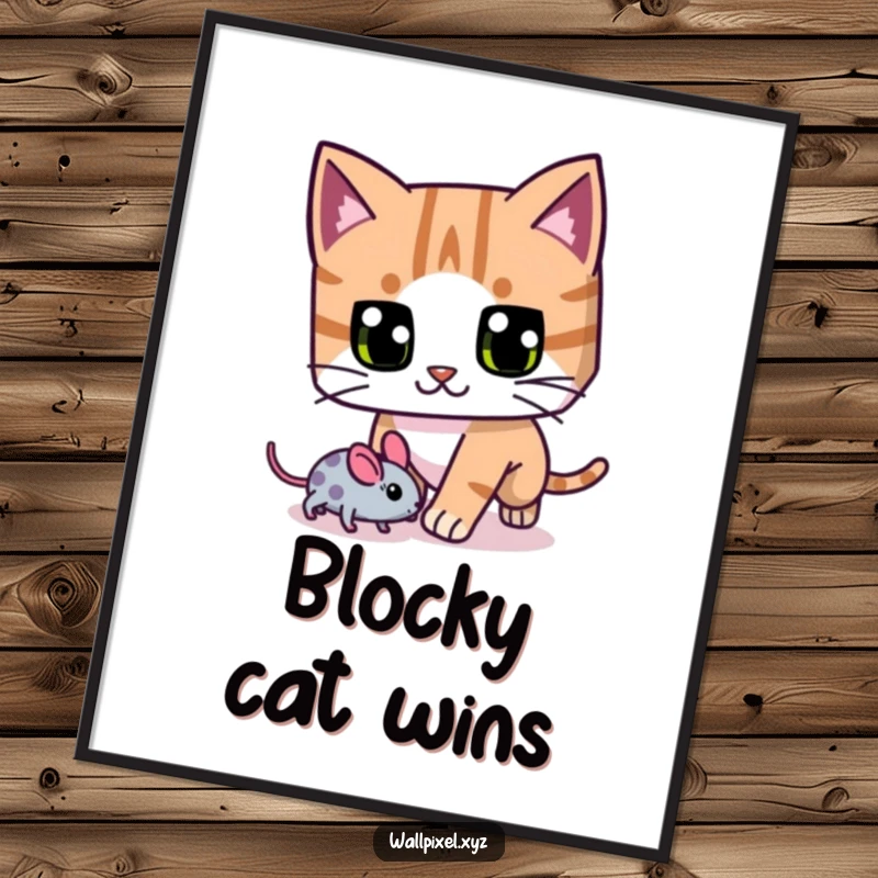 Funny blocky cat digital art print, with exaggerated pixel eyes, chasing a pixelated mouse, ideal for playful decor.
