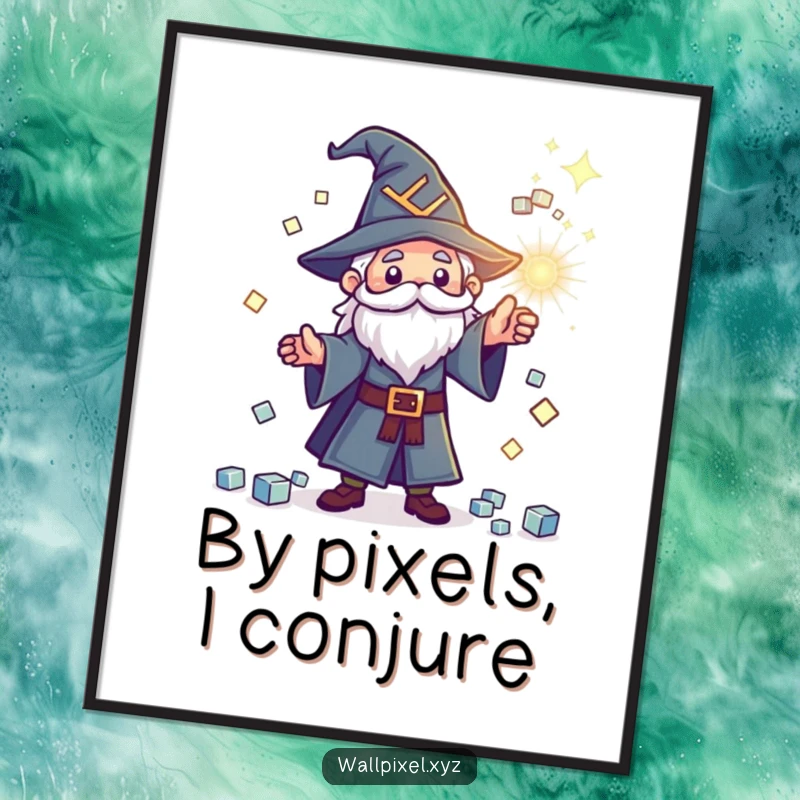 Funny pixel wizard digital art print, tiny wizard casting a spell, sparkling cube magic, retro graphic.