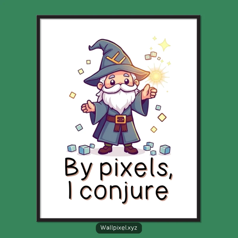 Funny Pixel Wizard Digital Art: Sparkling Cube Spell, Instant Funny Gift Download