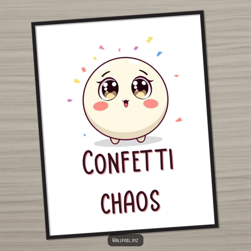 Funny round pixel character with wide surprised eyes watching falling confetti in a digital art print.