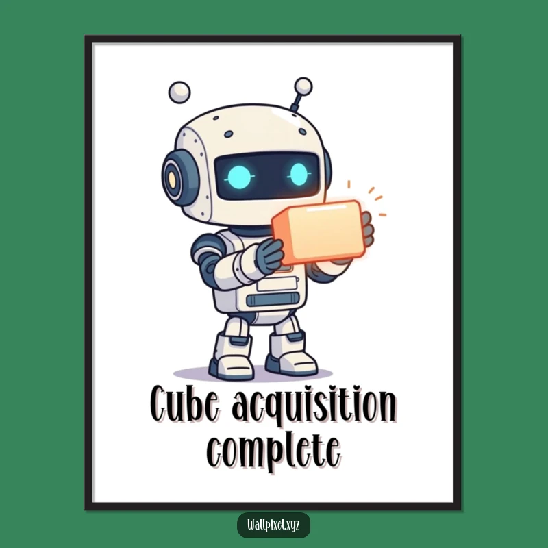 Funny Digital Art: Pixelated Robot Offering, Glowing Cube, Retro Sci-Fi Print