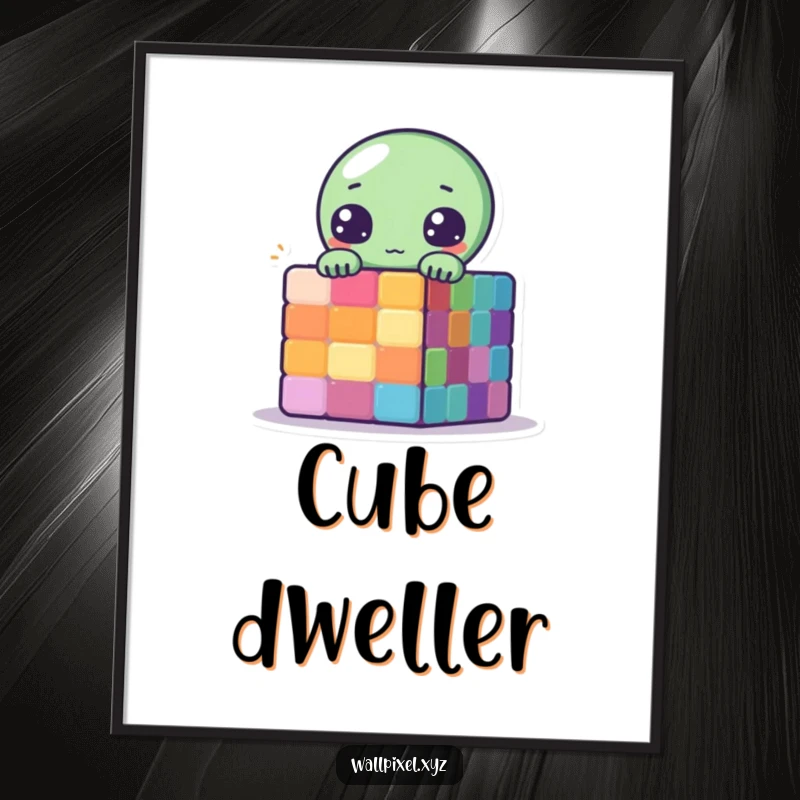 Funny Pixelated Alien Digital Art of a cute alien peeking from behind a colorful pixelated cube.