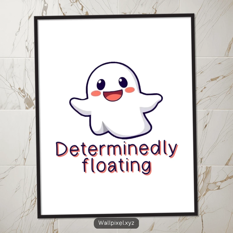 Funny digital art print of a smiling pixelated ghost with a determined expression, floating upwards with playful energy.