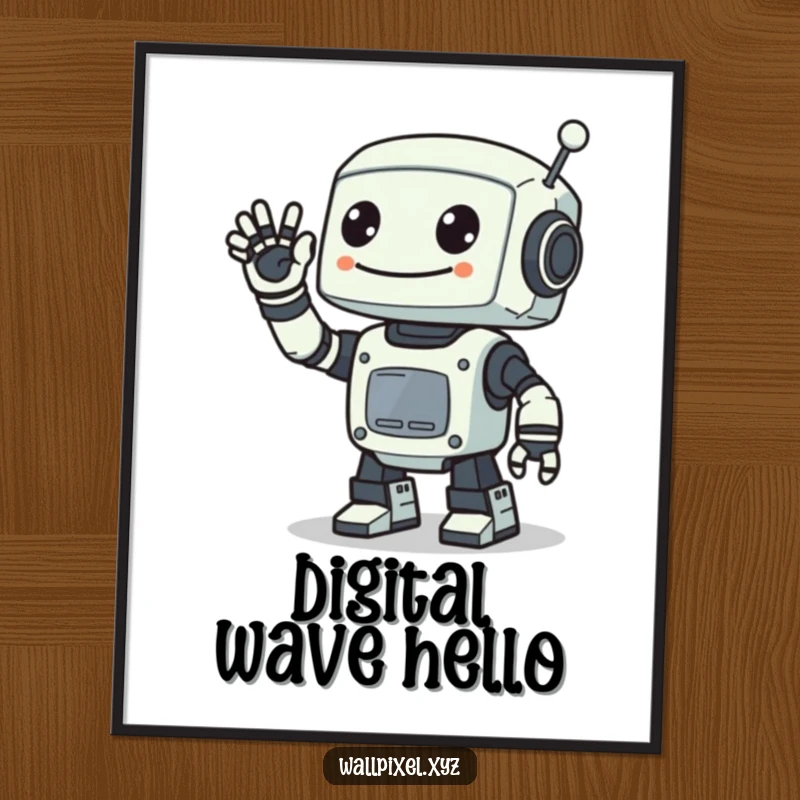 Funny digital art print of a smiling pixelated robot waving with a digital arm, ideal for retro sci-fi fans and decor.