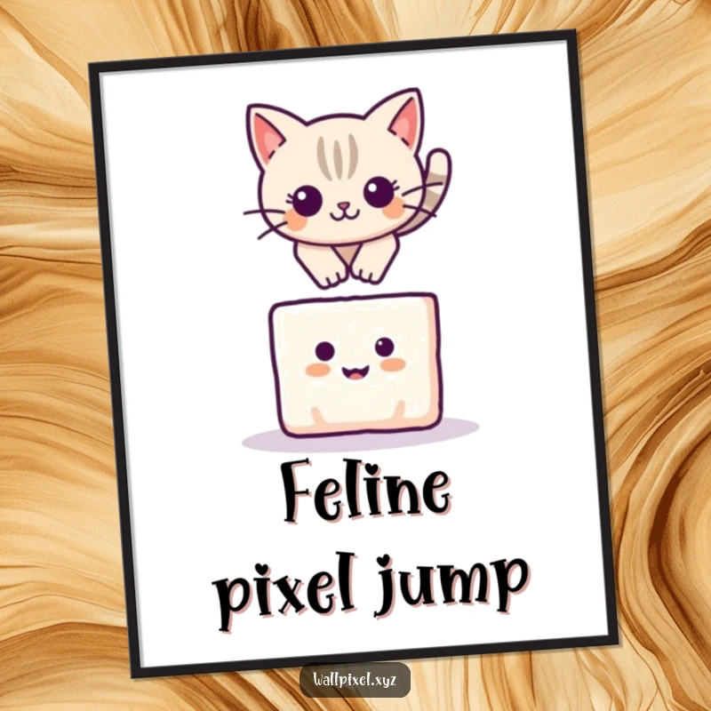 Funny digital art print of a pixelated cat leaping over a smiling square block, a cute and playful scene.