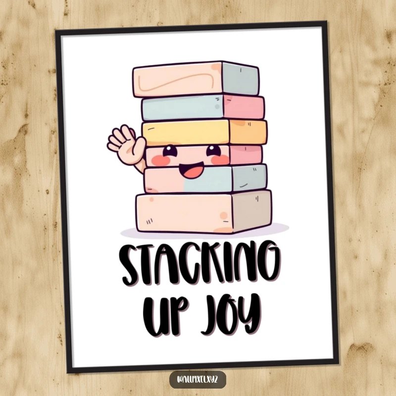 Funny digital art print of a smiling, wobbly stack of blocks waving energetically, capturing a moment of pure, playful joy.