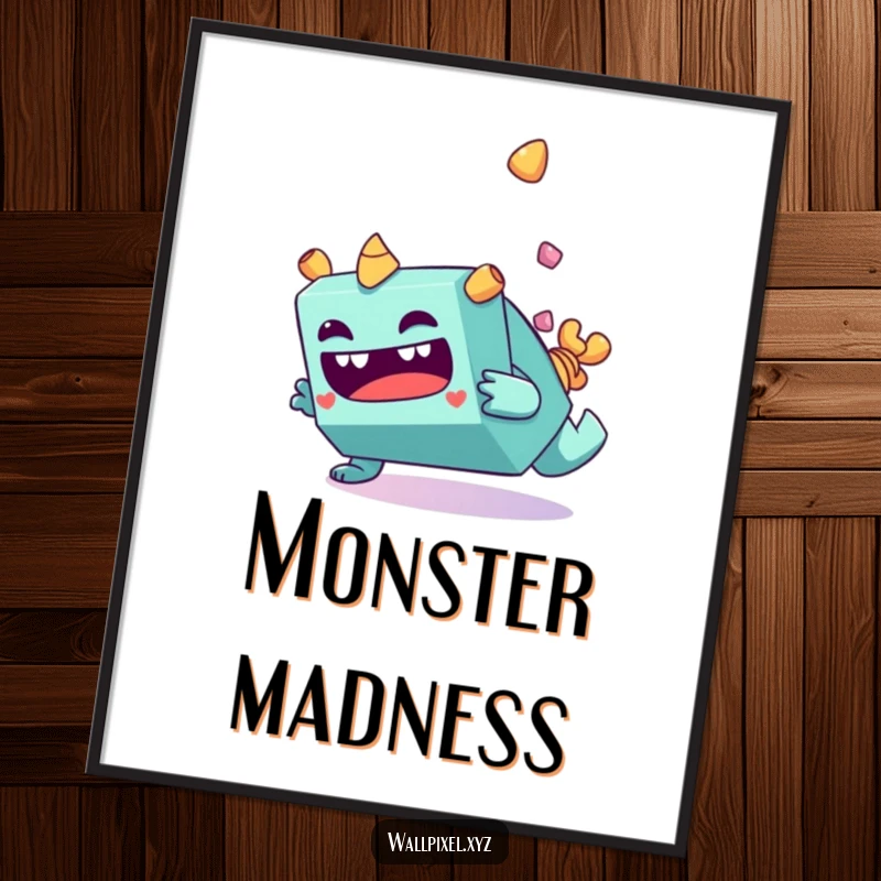 Funny blocky monster character making a silly face while tumbling end over end in a digital art print.