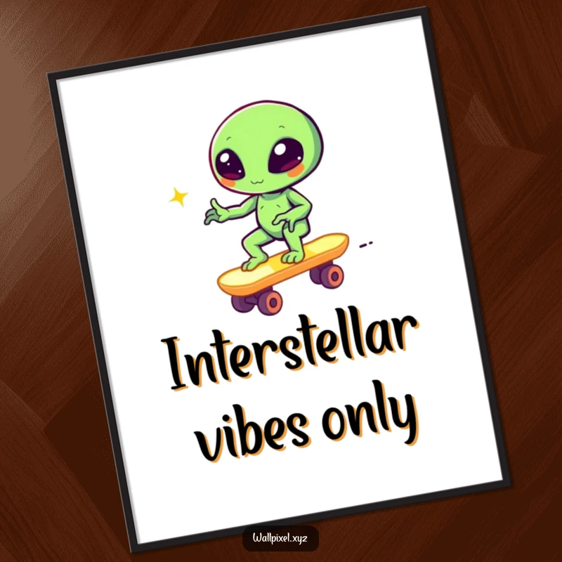 Funny pixel alien winking on a retro block skateboard, downloadable gamer art, humorous pixel design.