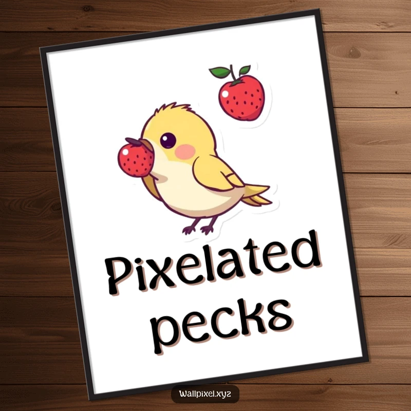 Funny pixel art digital print of a small, angular bird character pecking at a glowing pixelated berry, capturing a playful moment of retro gaming.