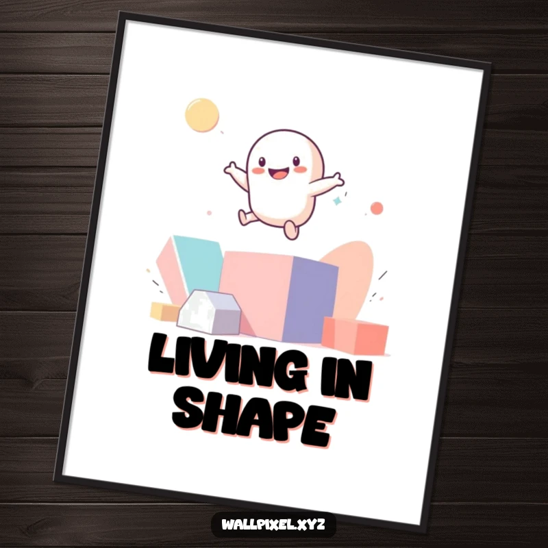 Funny smiling pixel figure bouncing on abstract geometric shapes in a digital art print.