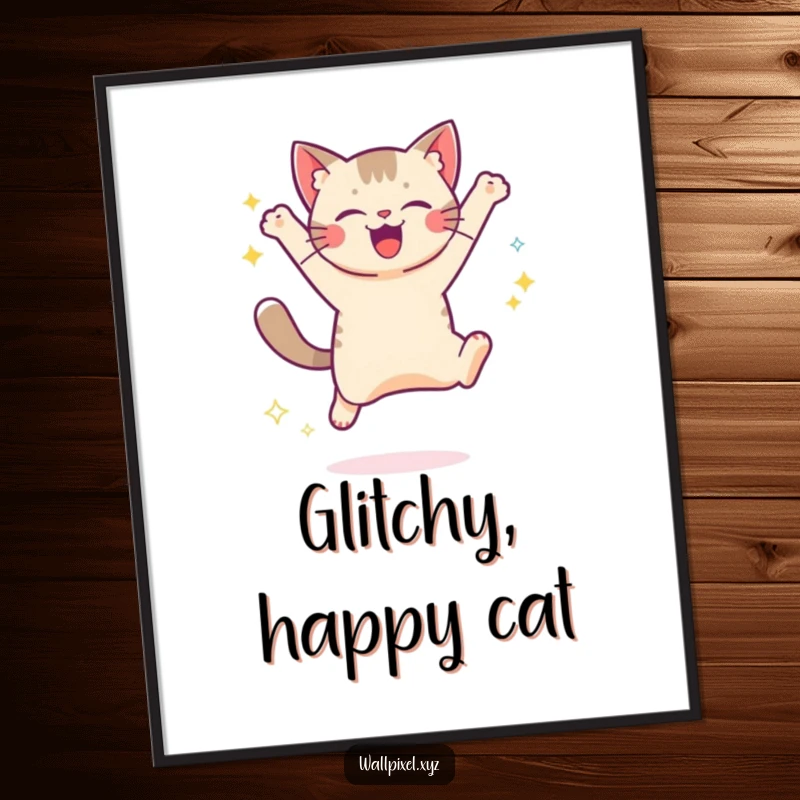 Funny digital art print of a pixelated cat jumping joyfully with digital sparkles, ideal for retro gaming fans and decor.