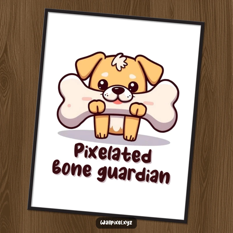 Funny digital art print of a blocky pixelated dog peeking from behind a pixelated bone, ideal for dog lovers and retro gaming fans.