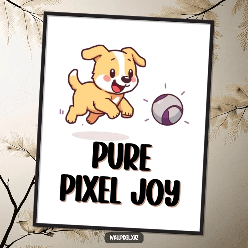 Funny digital art print of a pixelated dog chasing a bouncing pixelated ball, perfect wall art.