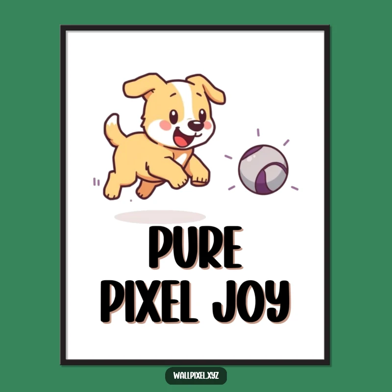 Funny Pixel Dog Chasing Ball Digital Art - Retro Gaming Decor