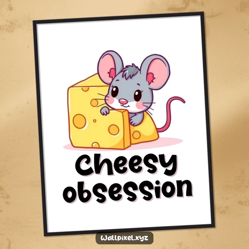 Funny pixelated mouse character peeking from behind a giant digital cheese block in a digital art print.