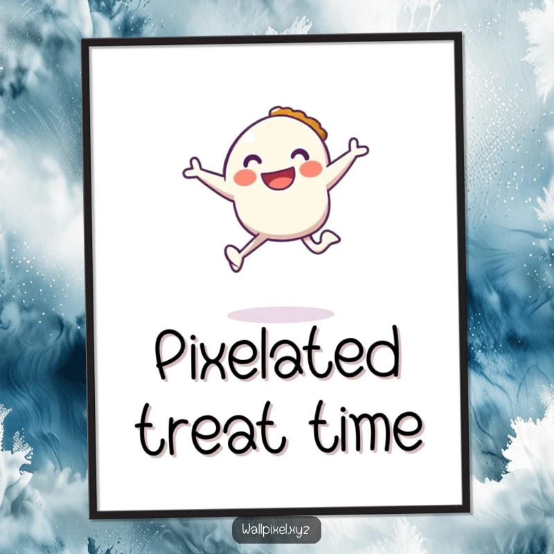 Funny digital art print showing a pixel character jumping with a pixelated pie, a vibrant and nostalgic piece.