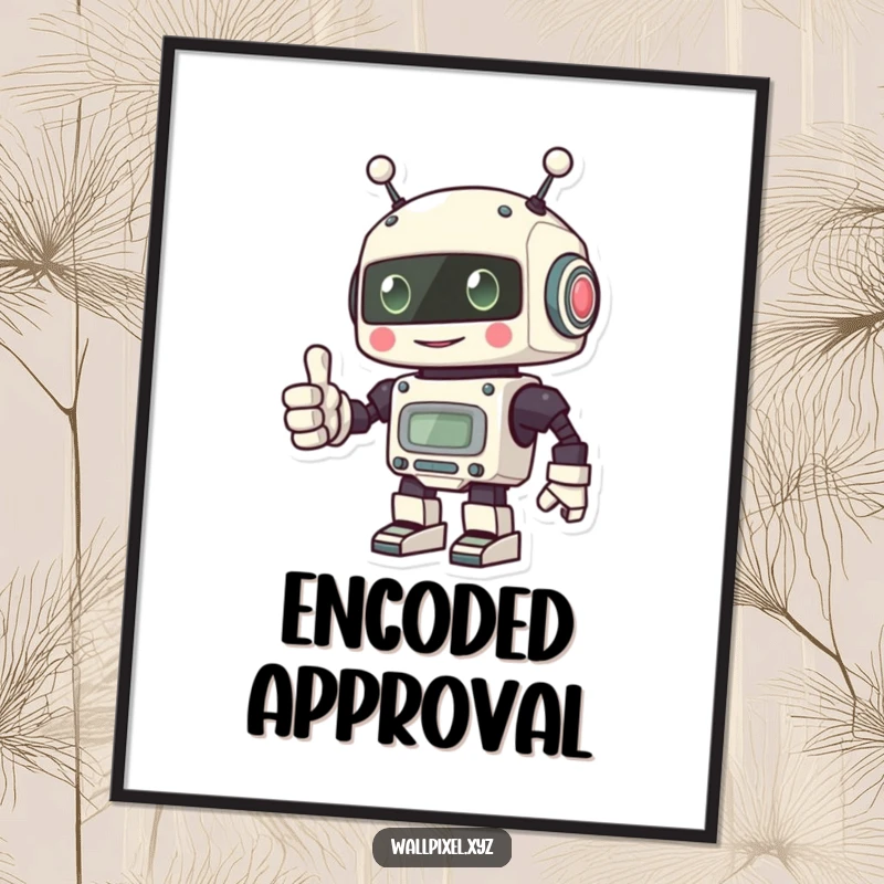 Funny digital art print of a pixel robot giving a thumbs up with its blocky hand, ideal for instant decor.