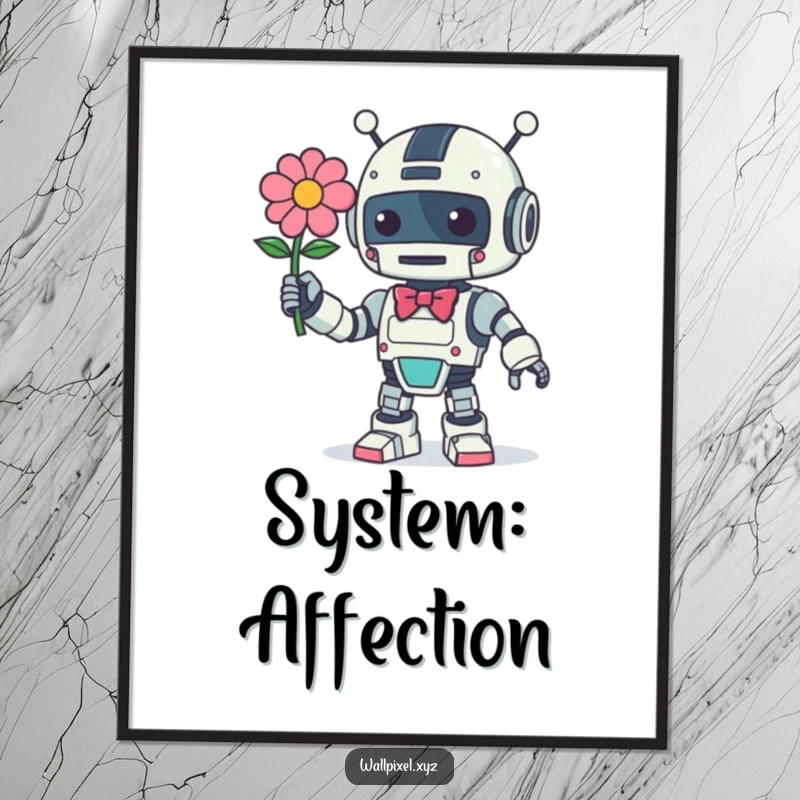 Funny Retro Robot Digital Art Print: Vintage robot offers a pixelated flower with a bow, creating charming tech decor.