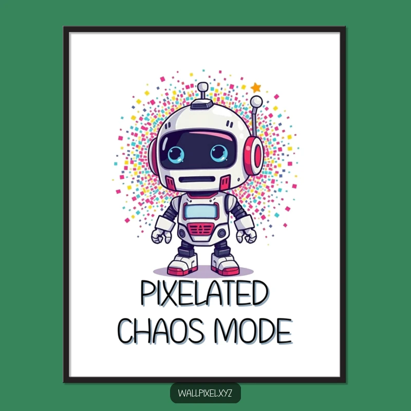 Funny Retro Robot Pixel Explosion Digital Art - Instant Humorous Wall Decor Gift!