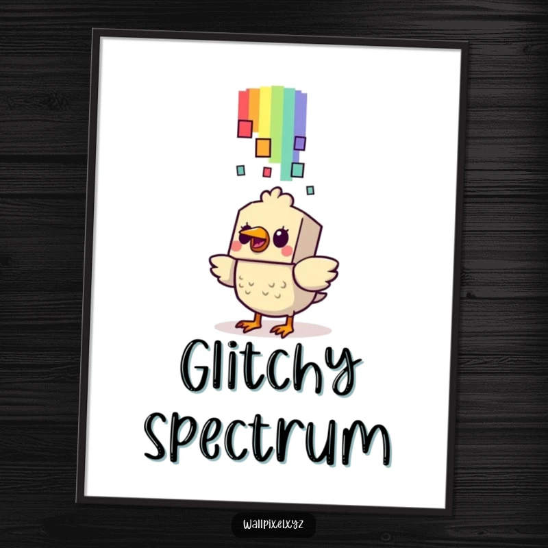 Funny Startled Bird Pixel Rainbow Digital Art Print: A surprised blocky bird encounters a falling pixelated rainbow, offering instant retro humor.
