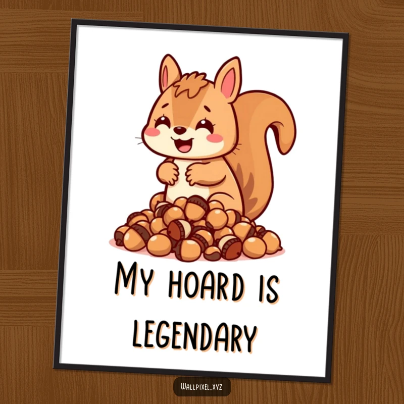 Funny blocky squirrel digital art print, character hoarding pixelated acorns, retro graphic.