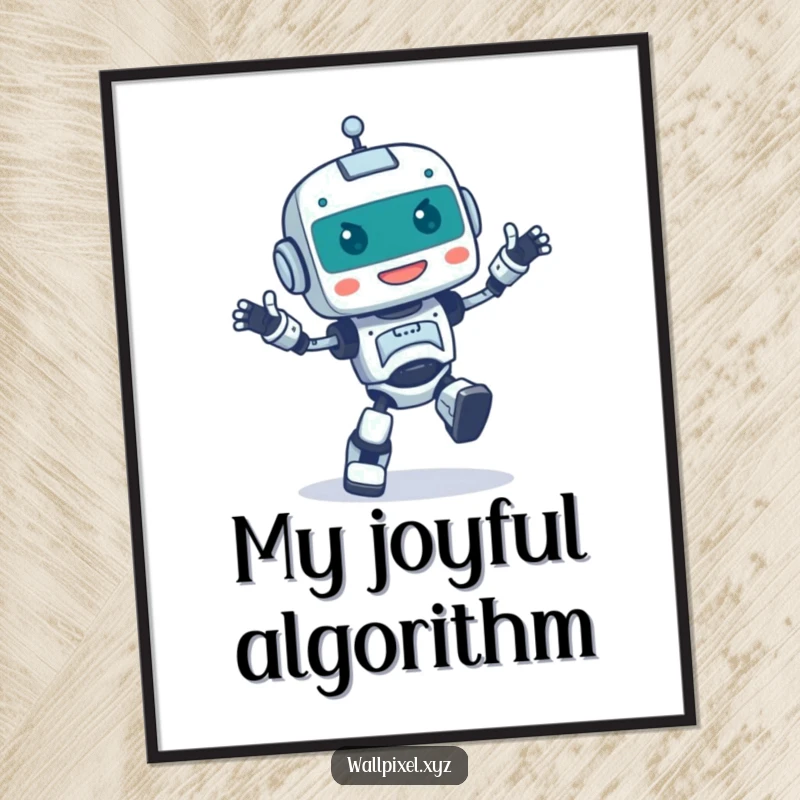Funny digital art print of a pixelated robot character doing a happy, uncoordinated dance, evoking retro joy.