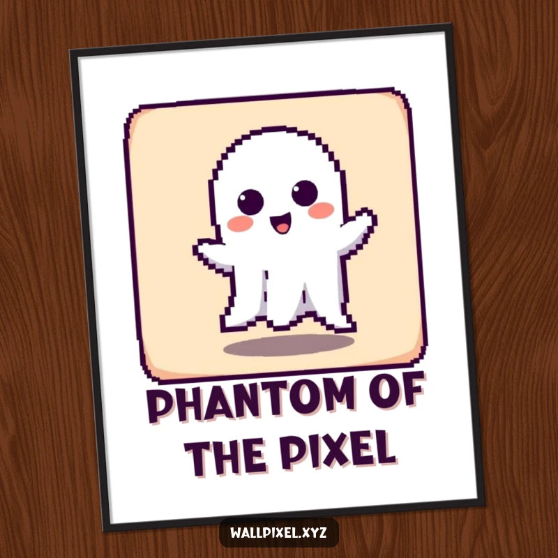 Funny digital art print of a pixelated ghost character playfully haunting a square, evoking retro spookiness.