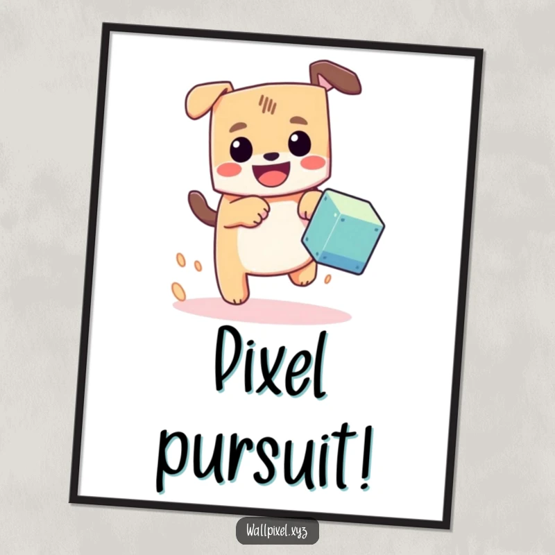 Funny pixel dog digital art print, a blocky dog with a happy grin chasing a pixel cube, perfect for instant retro decor.